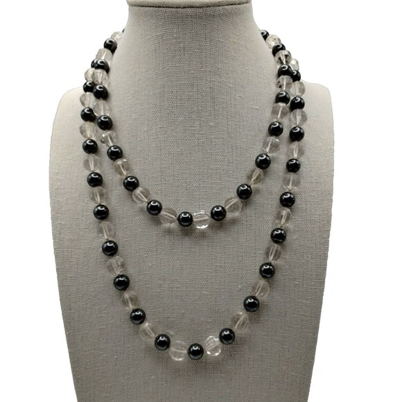 Necklace Black Spinel Clear Rock Crystal Faceted Hand Knotted. Art Deco 18" - Picture 1 of 4